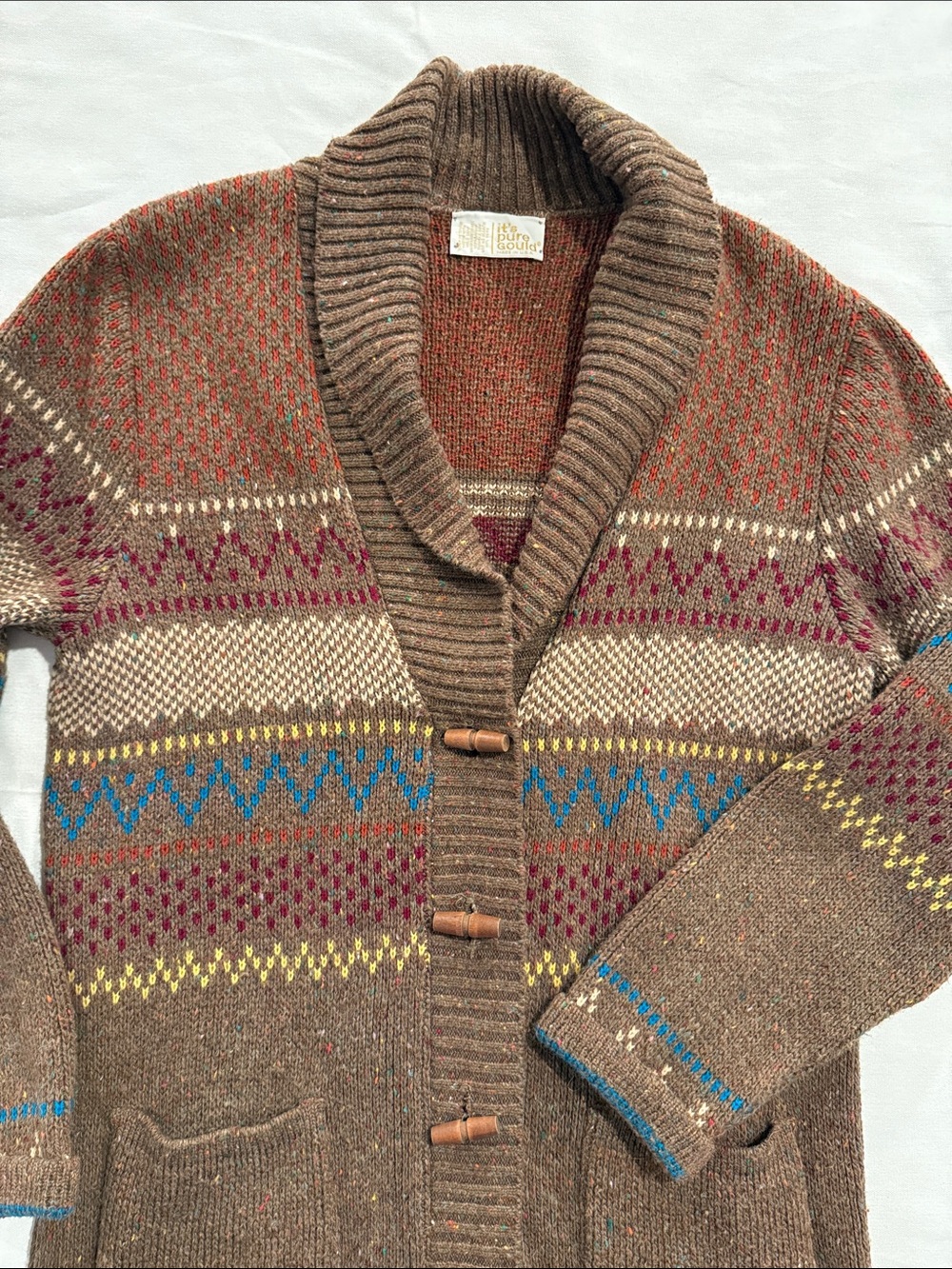 70s/80s It's Pure Gould Vintage Fair Isle Toggle Cardigan Shawl Collar XL